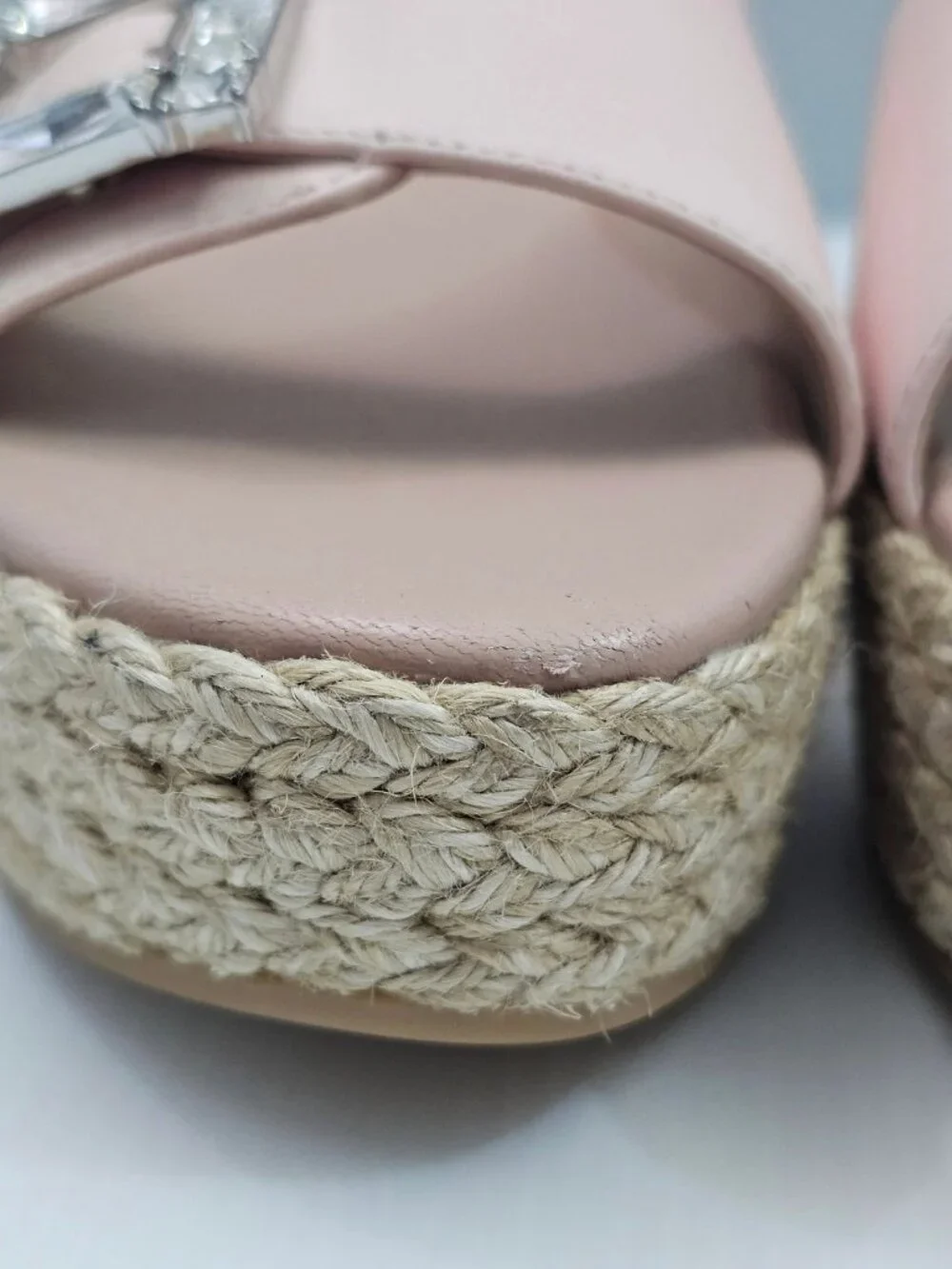 Stuart Weitzman June 75 Espadrille Wedge Sandal Size 9 Blush Pink Crystal Buckle